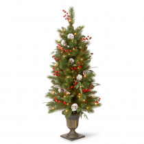 National Tree Company 4 ft. Frosted Pine Berry Collection Entrance Tree with Cones, Red Berries, Silver Glittered Eucalyptus Leaves