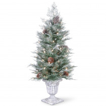 National Tree Company 4 ft. Feel Real Frosted Mountain Spruce Entrance Tree with Cones in Silver Brushed Urn and 100 Clear Lights