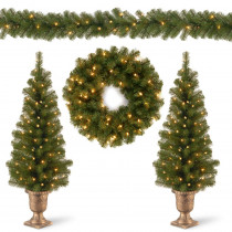 National Tree Company Two 4 ft. Entrance Trees in Black/Gold Pot with 50 Clear Lights and 24 in. Wreath with 20 Warm White with Caps