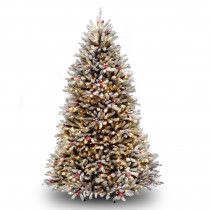 National Tree Company 7 ft. Dunhill Fir Hinged Tree with Snow, Red Berries, Cones and Clear Lights