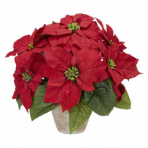 Nearly Natural 13.0 in. H Red Poinsettia with Ceramic Vase Silk Flower Arrangement