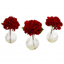 Nearly Natural 12 in. Red Hydrangea with Glass Vase (Set of 3)