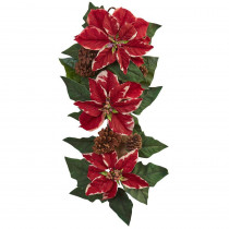 Nearly Natural 25 in. Poinsettia, Pine Cone and Burlap Teardrop