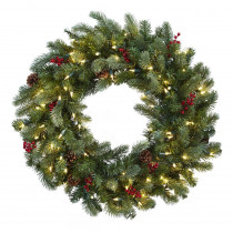 Nearly Natural 30 in. Lighted Pine Artificial Wreath with Berries and Pine Cones