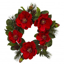 Nearly Natural 24 in. Red Magnolia and Pine Artificial Wreath