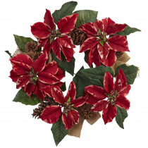 Nearly Natural 22 in. Poinsettia, Pine Cone and Burlap Artificial Wreath