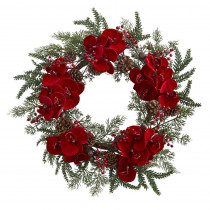 Nearly Natural 22 in. Orchid, Berry and Pine Holiday Artificial Wreath