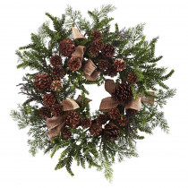 Nearly Natural 24 in. Pine and Pine Cone Artificial Wreath with Burlap Bows