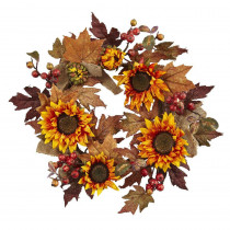 Nearly Natural 24 in. Artificial Sunflower and Berry Wreath