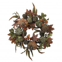 Nearly Natural 24 in. Artificial Wreath with Pumpkins, Gourds, and Pinecones
