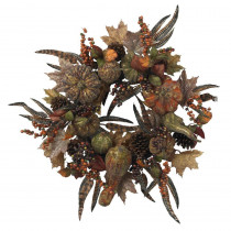 Nearly Natural 28 in. Artificial Wreath with Autumn Pumpkins, Berries, and Feathers