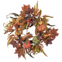 Nearly Natural 24 in. Artificial Wreath with Pumpkins, Berries, and Maple Leaves