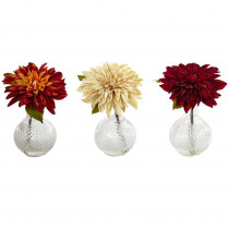 Nearly Natural 8 in. Dahlia with Decorative Vase (Set of 3)