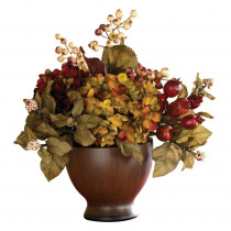 Nearly Natural 12 in. Silk Autumn Hydrangea Arrangement with Wood Vase