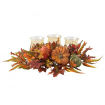 Nearly Natural 30 in. Harvest Triple Candelabrum and Artificial Foliage Table Arrangement