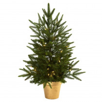 Nearly Natural 2.5 ft. Artificial Christmas Tree with Golden Planter and Clear Lights