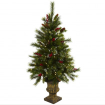 Nearly Natural 4 ft. Artificial Christmas Tree with Berries, Pine Cones, LED Lights and Decorative Urn