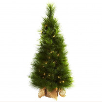 Nearly Natural 3 ft. Artificial Christmas Tree with Burlap Bag and Clear Lights