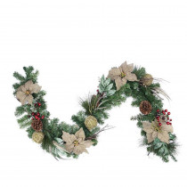 Northlight 6 ft. x 10 in. Unlit Autumn Harvest Burlap Poinsettia Moss Ball Mixed Pine and Berries Fall Garland