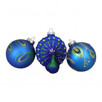 Northlight 3.25 in. (80 mm) Peacock Design Glass Christmas Ornament Set (3-Count)