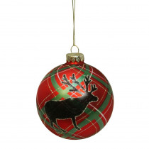 Northlight 4 in. (100 mm) Plaid Design with Reindeer Silhouette Glass Christmas Ball Ornament