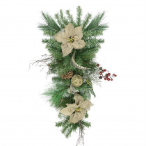 Northlight 28 in. Unlit Autumn Harvest Burlap Poinsettia Moss Ball Mixed Pine and Berries Fall Teardrop Swag