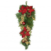 Northlight 28 in. Unlit Pine with Red Balls Poinsettias Gold Pine Cones and Berries Christmas Teardrop Swag