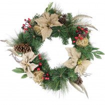 Northlight 24 in. Unlit Autumn Harvest Burlap Poinsettia Moss Ball Mixed Pine and Berries Fall Wreath