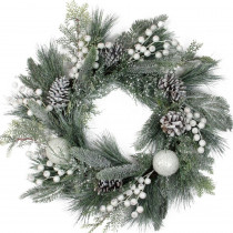Northlight 24 in. Unlit Frosted Artificial Mixed Pine and Pine Cone Wreath with White Berries and Balls