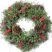 Northlight 24 in. Unlit Glittered Artificial Boxwood Pine Cone and Red Berry Christmas Wreath