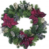 Northlight 24 in. Unlit Two-Tone Pine with Purple Poinsettias Silver Pine Cones and Berries Christmas Wreath