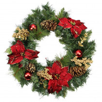Northlight 24 in. Unlit Artificial Mixed Pine with Red Poinsettias Gold Pine Cones and Berries Christmas Wreath