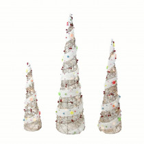 Northlight 39.25 in. Christmas Outdoor Decorations Lighted Champagne Gold Rattan Candy Covered Cone Tree (3-Pack)