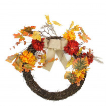 Northlight 20 in. Unlit Autumn Harvest Artificial Mixed Fall Leaf and Mum Flower Thanksgiving Twig Wreath