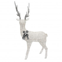 Puleo International 48 in. H Disordered Fabric Mesh White Gold Up Head Deer With-Ul 70 Clear Lights, Silver Antlers, Silver Hang Bell